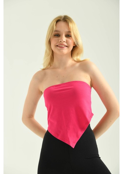 Fuşya Lastik Detay Asimetrik Crop Bluz