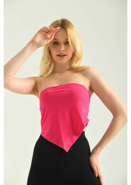 Fuşya Lastik Detay Asimetrik Crop Bluz
