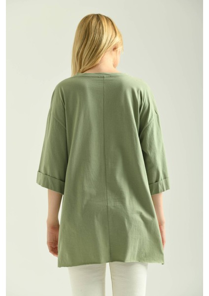 Mint Duble Kol Geniş Kesim Asimetrik Yırtmaçlı Örme T-Shirt fiyatları