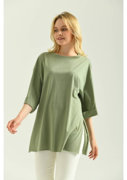 Mint Duble Kol Geniş Kesim Asimetrik Yırtmaçlı Örme T-Shirt indirimleri