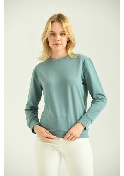 Mint Sırt Baskılı Basic Örme Sweatshirt