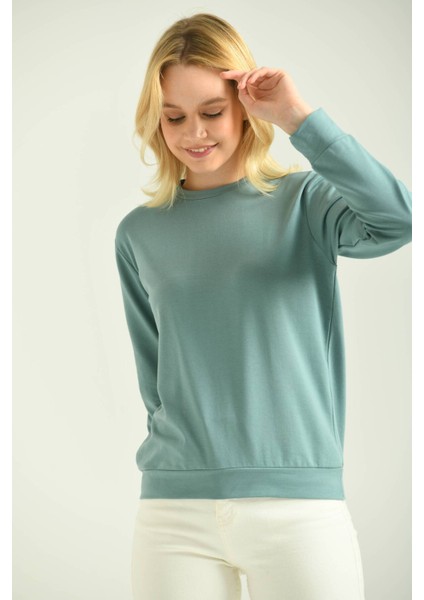 Mint Sırt Baskılı Basic Örme Sweatshirt