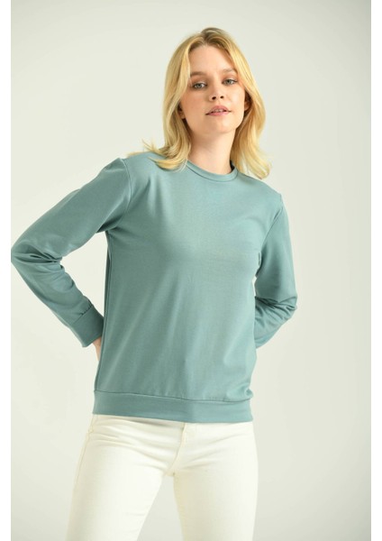 Mint Sırt Baskılı Basic Örme Sweatshirt