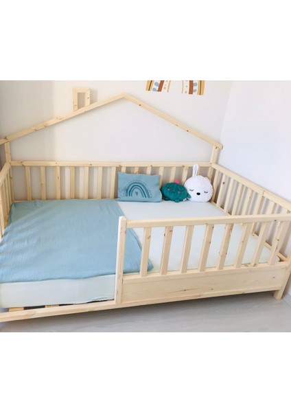 Baby Kinder Back Roofed Doğal Ahşap Yatak Montessori Bebek ve Çocuk Karyolası