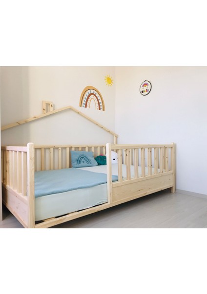 Baby Kinder Back Roofed Doğal Ahşap Yatak Montessori Bebek ve Çocuk Karyolası