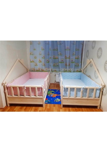 Baby Kinder Back Roofed Doğal Ahşap Yatak Montessori Bebek ve Çocuk Karyolası