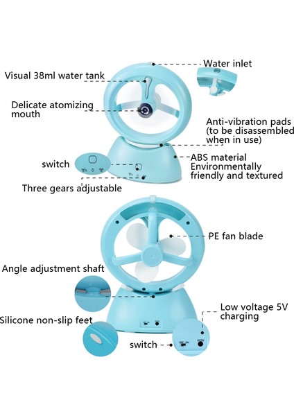 Mini USB Şarj Edilebilir Masaüstü Sprey Fan Parlak Mavi (Yurt Dışından)