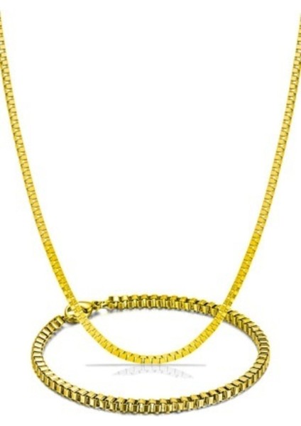 Küp Model Gold Erkek Bileklik ve Kolye Zincir Set