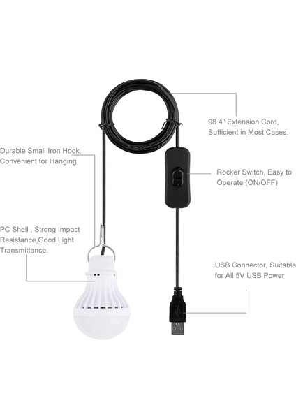 2 Pcs USB Ampul Kamp Işık Acil Durum Işık 7W Anahtar Tel Sıcak Beyaz (Yurt Dışından)
