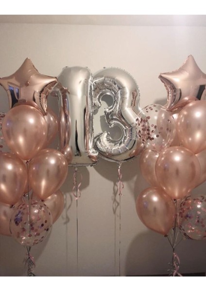 13 Yaş Rakam Gümüş Balon ve Yıldız Konfetili Balon Seti