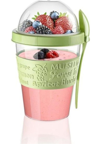 Kapaklı Kaşıklı Hazırla ve Çık Meyveli Yoğurt Kabı Yeşil 600 ml