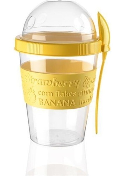 Kapaklı Kaşıklı Hazırla ve Çık Meyve Hazneli Yoğurt Kabı Sarı