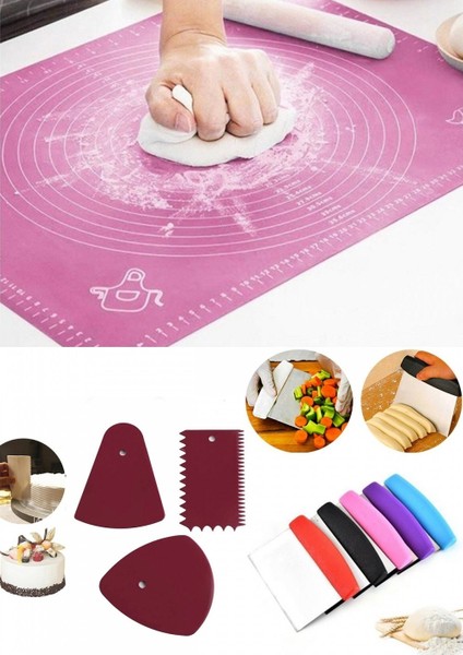 Silikon Hamur Açma Matı 50 x 40 cm + Hamur Spatula + 3'lü Hamur Pasta Dekorasyon Seti