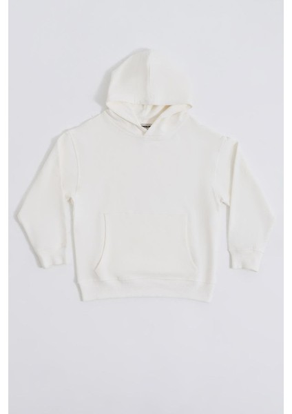 Organik Kapüşonlu Uzun Kollu Erkek Çocuk Sweatshirt - Ekru Ekru - 12-14