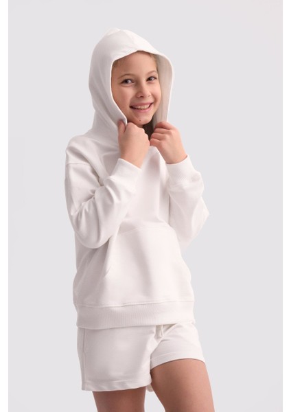 Organik Kapüşonlu Uzun Kollu Kız Çocuk Sweatshirt - Ekru Ekru - 8-10