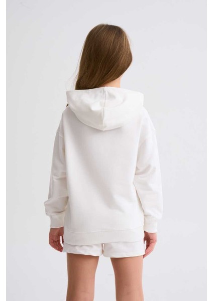 Organik Kapüşonlu Uzun Kollu Kız Çocuk Sweatshirt - Ekru Ekru - 8-10