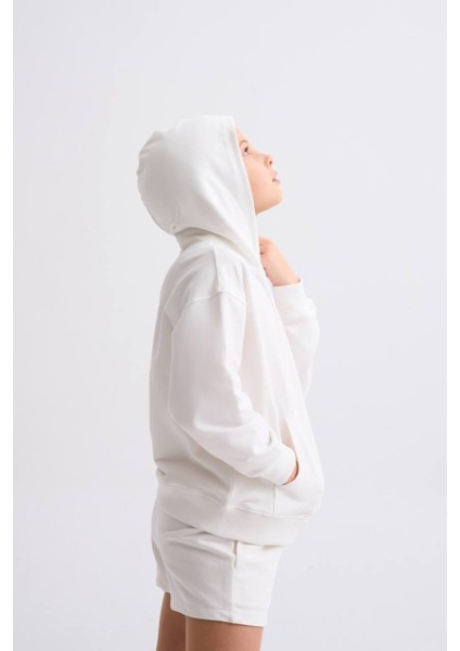 Organik Kapüşonlu Uzun Kollu Kız Çocuk Sweatshirt - Ekru Ekru - 8-10