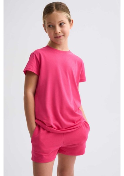 Organik Bağcıklı Cepli Kız Çocuk Şort - Pembe Pembe - 8-10
