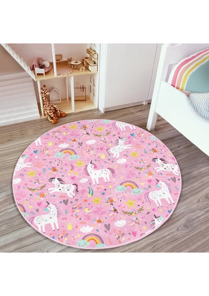 Pembe Zeminli Unicorn Motifli Çocuk & Genç Odası Makinede Yıkanabilir Kaymaz Tabanlı Yuvarlak Çocuk Halısı