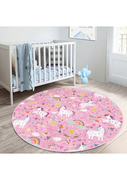 Pembe Zeminli Unicorn Motifli Çocuk & Genç Odası Makinede Yıkanabilir Kaymaz Tabanlı Yuvarlak Çocuk Halısı