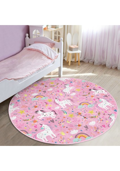 Pembe Zeminli Unicorn Motifli Çocuk & Genç Odası Makinede Yıkanabilir Kaymaz Tabanlı Yuvarlak Çocuk Halısı