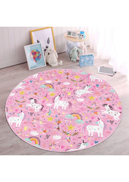 Pembe Zeminli Unicorn Motifli Çocuk & Genç Odası Makinede Yıkanabilir Kaymaz Tabanlı Yuvarlak Çocuk Halısı