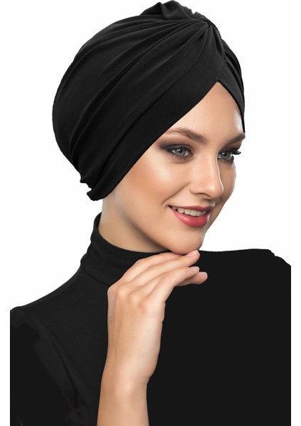 Çapraz Kancalı Siyah Hazır Türban Tesettür Dış ve Havuz Bonesi