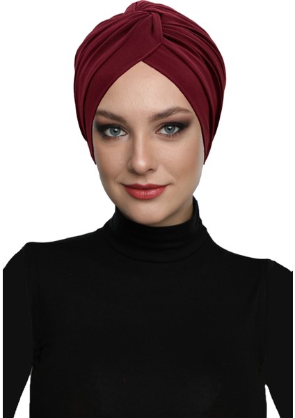 Çapraz Kancalı Bordo Hazır Türban Tesettür Dış ve Havuz Bonesi
