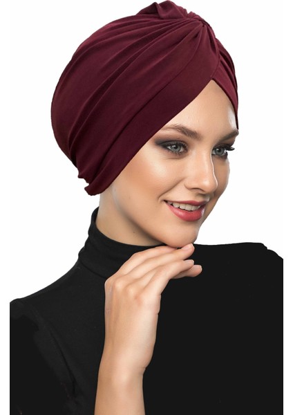 Çapraz Kancalı Bordo Hazır Türban Tesettür Dış ve Havuz Bonesi