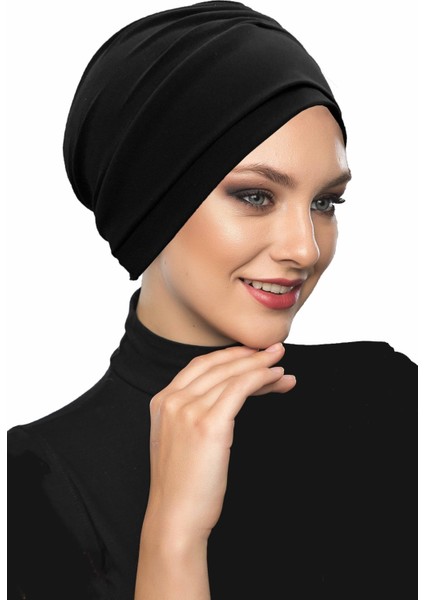 Çift Katlı Astarlı Siyah Hazır Türban Tesettür Dış ve Havuz Bonesi