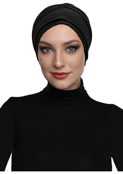 Çift Katlı Astarlı Siyah Hazır Türban Tesettür Dış ve Havuz Bonesi