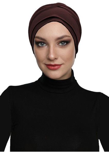 Çift Katlı Astarlı Kahve Hazır Türban Tesettür Dış ve Havuz Bonesi