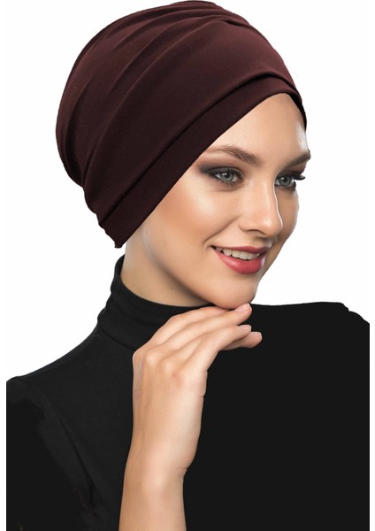 Çift Katlı Astarlı Kahve Hazır Türban Tesettür Dış ve Havuz Bonesi