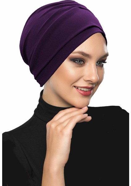 Çift Katlı Astarlı Mor Hazır Türban Tesettür Dış ve Havuz Bonesi