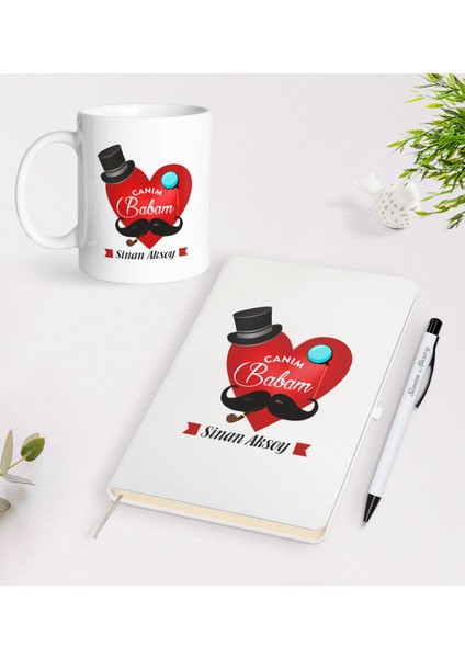 Kişiye Özel Canım Babam Tasarımlı Beyaz Defter Kalem Kupa Seti - Model 4