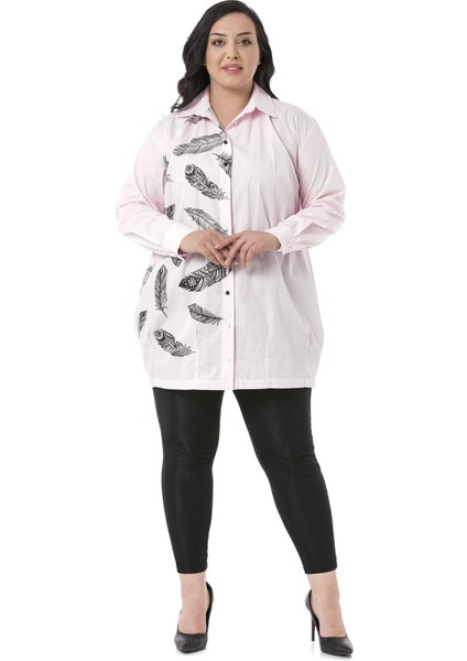 Büyük Beden Kuş Tüyü Baskılı Yarım Balon Kalıp Eteği Dikişli Pembe Gömlek