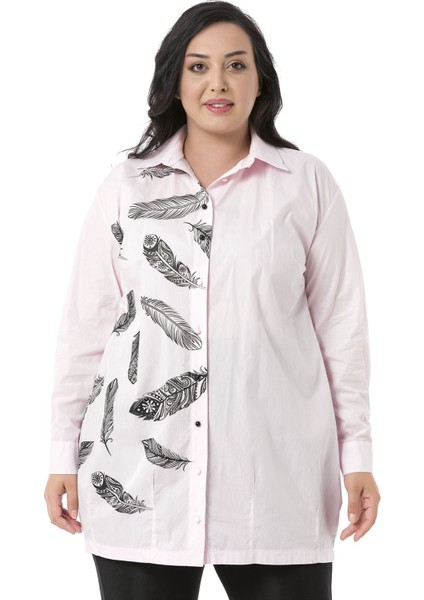 Büyük Beden Kuş Tüyü Baskılı Yarım Balon Kalıp Eteği Dikişli Pembe Gömlek fiyatları