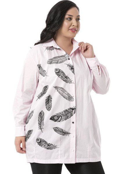 Büyük Beden Kuş Tüyü Baskılı Yarım Balon Kalıp Eteği Dikişli Pembe Gömlek fırsatları