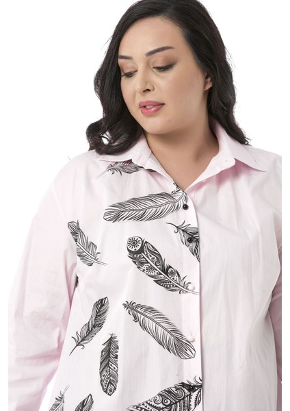 Büyük Beden Kuş Tüyü Baskılı Yarım Balon Kalıp Eteği Dikişli Pembe Gömlek indirimleri