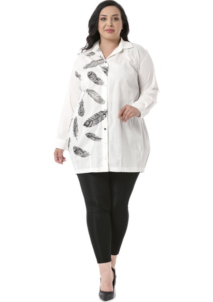 Büyük Beden Kuş Tüyü Baskılı Yarım Balon Kalıp Eteği Dikişli Ekru Gömlek