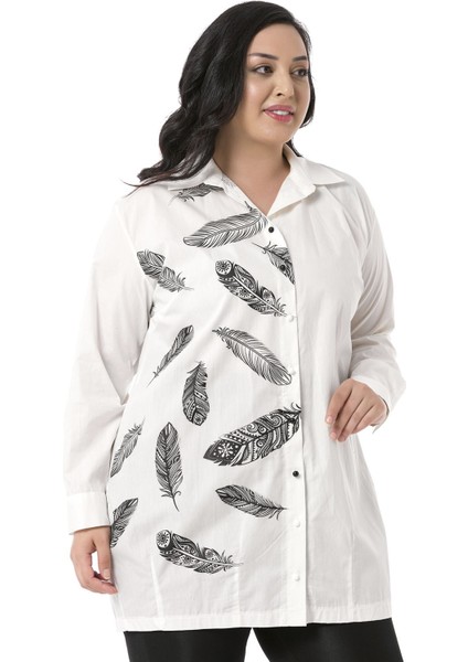 Büyük Beden Kuş Tüyü Baskılı Yarım Balon Kalıp Eteği Dikişli Ekru Gömlek fiyatları