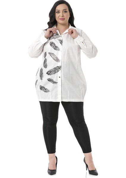 Büyük Beden Kuş Tüyü Baskılı Yarım Balon Kalıp Eteği Dikişli Ekru Gömlek fırsatları