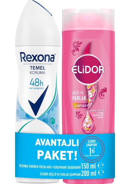 Temel Koruma Kadın Sprey Deodorant Shower Fresh 150 ml + Elidor Saç Bakım Şampuanı Güçlü ve Parlak 200 ml