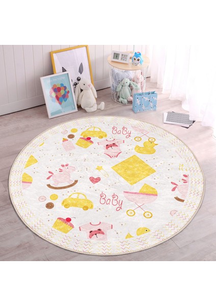 Oyuncak Bebek Arabası Motifli Çocuk & Genç Odası Makinede Yıkanabilir Kaymaz Tabanlı Yuvarlak Çocuk Halısı