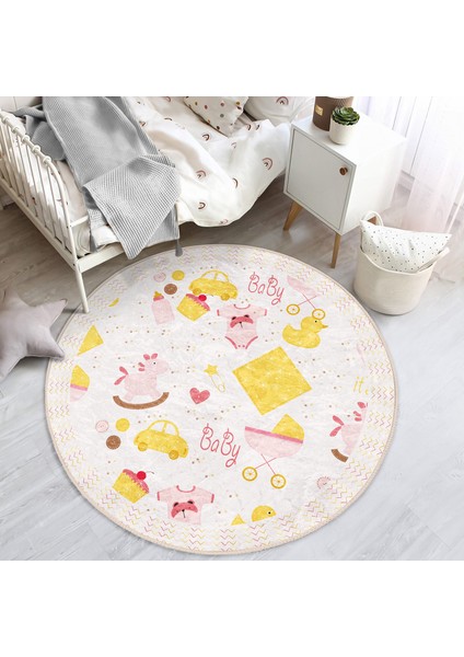 Oyuncak Bebek Arabası Motifli Çocuk & Genç Odası Makinede Yıkanabilir Kaymaz Tabanlı Yuvarlak Çocuk Halısı