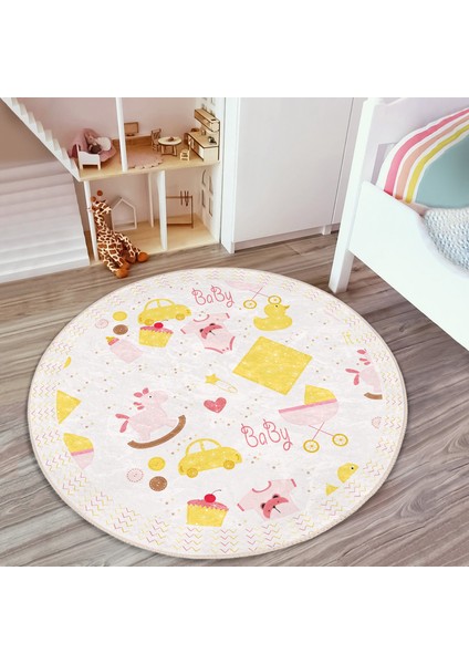 Oyuncak Bebek Arabası Motifli Çocuk & Genç Odası Makinede Yıkanabilir Kaymaz Tabanlı Yuvarlak Çocuk Halısı