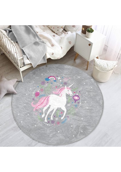 Gri Zeminde Unicorn Sevimli At Çocuk & Genç Odası Makinede Yıkanabilir Kaymaz Tabanlı Yuvarlak Çocuk Halısı
