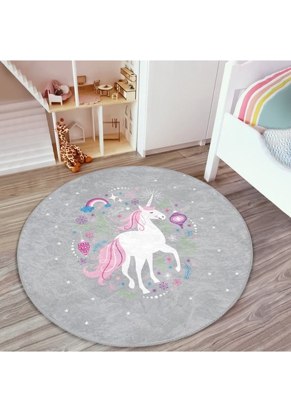 Gri Zeminde Unicorn Sevimli At Çocuk & Genç Odası Makinede Yıkanabilir Kaymaz Tabanlı Yuvarlak Çocuk Halısı modelleri