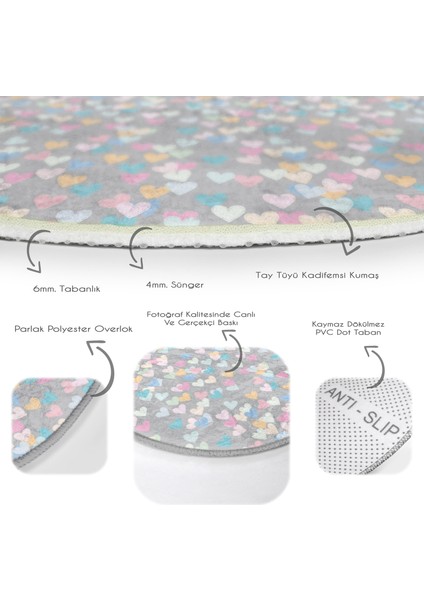 Gri Zeminde Rengarenk Kalpler Çocuk & Genç Odası Makinede Yıkanabilir Kaymaz Tabanlı Yuvarlak Çocuk Halısı