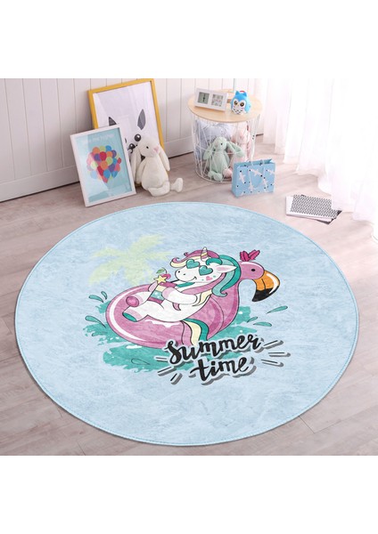 Mavi Zemin Flamingo Unicorn Temalı Çocuk & Genç Odası Makinede Yıkanabilir Kaymaz Tabanlı Yuvarlak Çocuk Halısı fiyatları